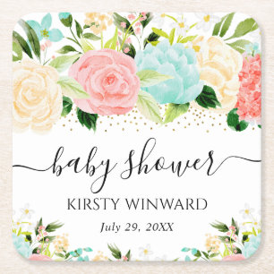 Dessous-de-verre Carré En Papier Fleurs rose et menthe aquarelle Baby Shower