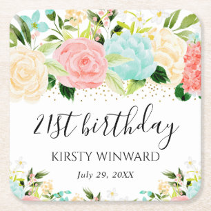 Dessous-de-verre Carré En Papier Fleurs rose et menthe aquarelle pour anniversaire