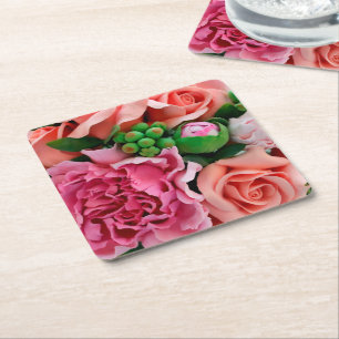 Dessous-de-verre Carré En Papier Fleurs Roses de corail et de thé rose