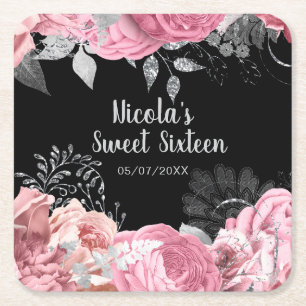 Dessous-de-verre Carré En Papier Fleurs roses et argent élégantes Sweet Sixteen 