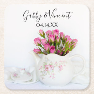 Dessous-de-verre Carré En Papier Fleurs roses roses dans Teapot Tea Party Mariage