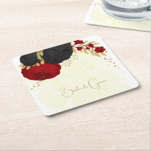 Dessous-de-verre Carré En Papier fleurs rouge foncé et noires or