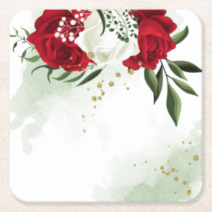 Dessous-de-verre Carré En Papier Fleurs rouges et blanches verdure