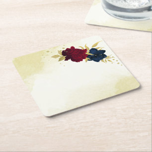 Dessous-de-verre Carré En Papier fleurs rouges marine or feuille mariage