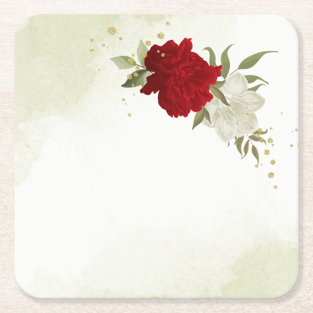 Dessous-de-verre Carré En Papier fleurs rouges vert feuille mariage (Devant)