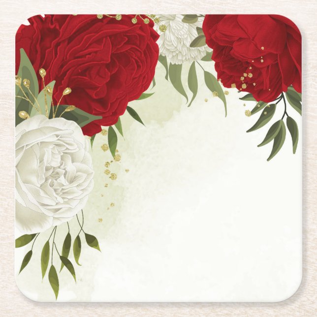Dessous-de-verre Carré En Papier fleurs rouges vert feuille mariage (Devant)