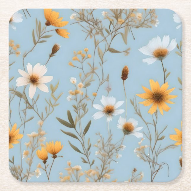 Dessous-de-verre Carré En Papier Fleurs sauvages Australiens Sur Bleu, (Devant)
