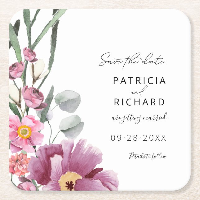 Dessous-de-verre Carré En Papier Fleurs sauvages d'aquarelle mariage Enregistrer la (Devant)
