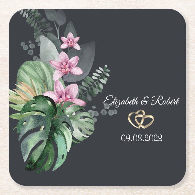 Dessous-de-verre Carré En Papier Fleurs tropicales Mariage foncé (Devant)