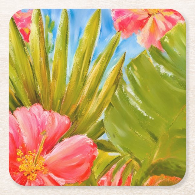 Dessous-de-verre Carré En Papier Fleurs tropicales, palmiers, Hawaii (Devant)