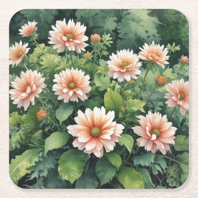 Dessous-de-verre Carré En Papier Fleurs Verdure Élégant Aquarelle (Devant)