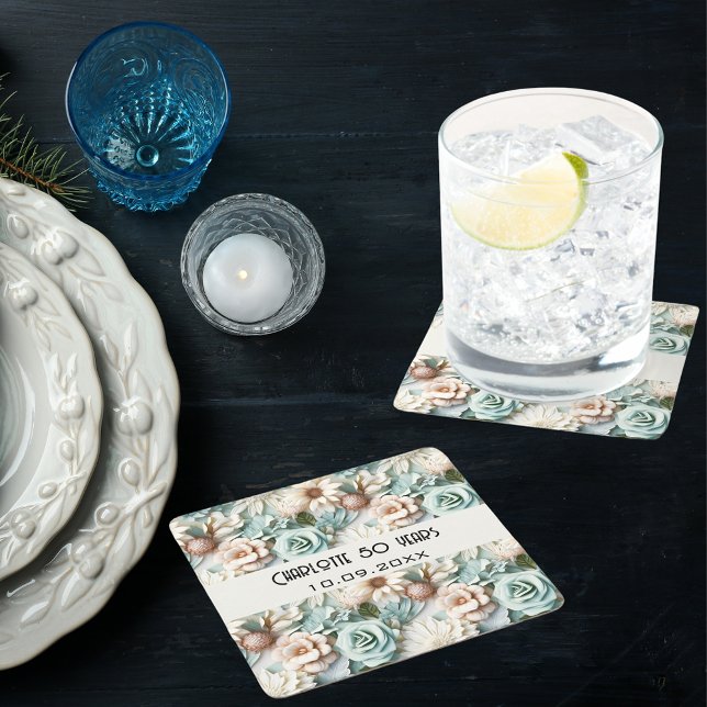 Dessous-de-verre Carré En Papier Fleurs vert poussiéreux crème nom d'anniversaire (Créateur téléchargé)