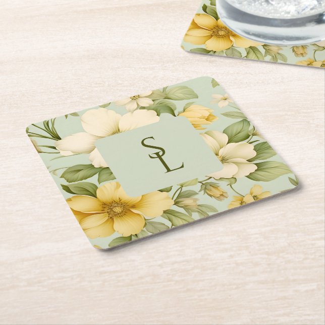 Dessous-de-verre Carré En Papier Fleurs vertes douces et beiges mariage (Incliné)