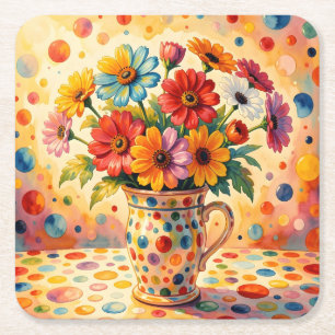 Dessous-de-verre Carré En Papier Fleurs Vibrantes, Points Colorés,