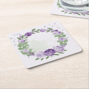 Dessous-de-verre Carré En Papier fleurs violettes romantiques vert feuille botaniqu