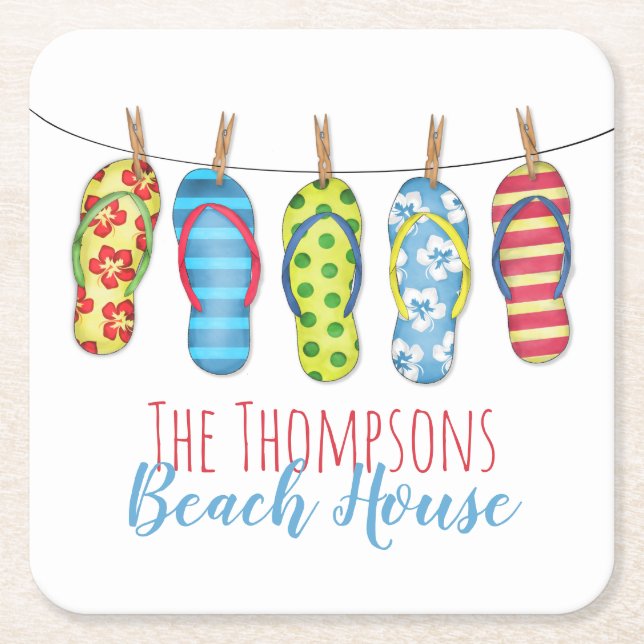 Dessous-de-verre Carré En Papier Flip Flops Personnalisé Whimsical Beach House (Devant)