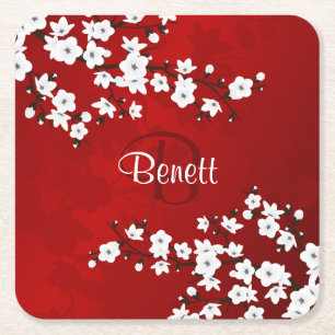 Dessous-de-verre Carré En Papier Floral Blanc Cerisier Fleur Rouge Ajouter Nom Mono