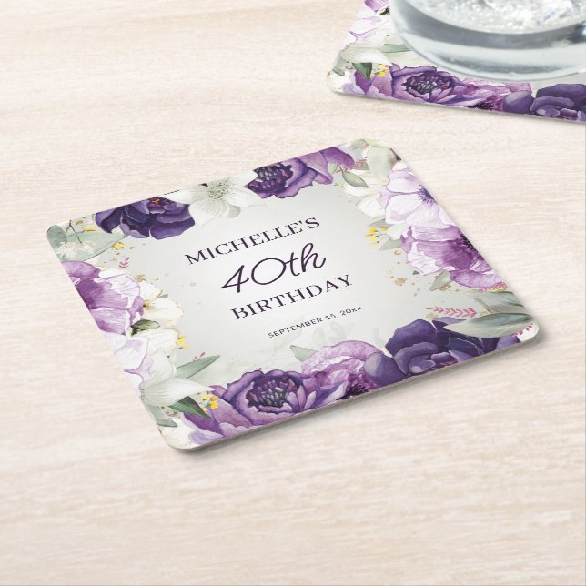 Dessous-de-verre Carré En Papier Floral blanc pourpre 40e anniversaire (Incliné)