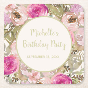 Dessous-de-verre Carré En Papier Floral rose pâle Sage Vert Feuilles Anniversaire
