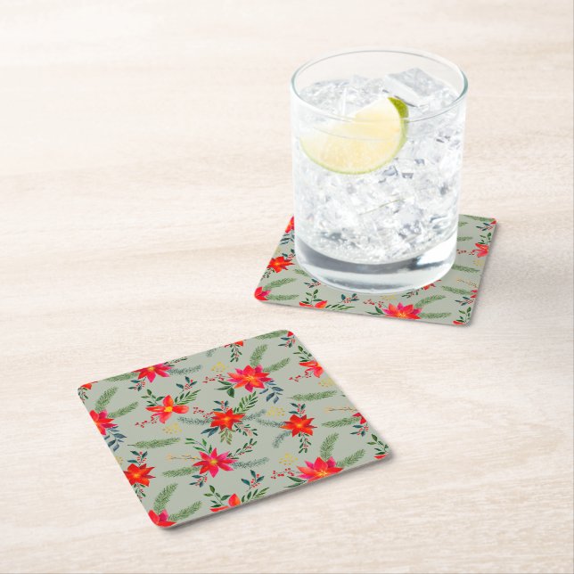 Dessous-de-verre Carré En Papier Flore de Noël Rouge Poinsettia (En situation)