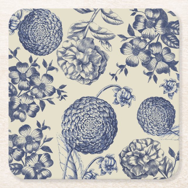 Dessous-de-verre Carré En Papier Flore d'impression florale de fleurs bleues antiqu (Devant)