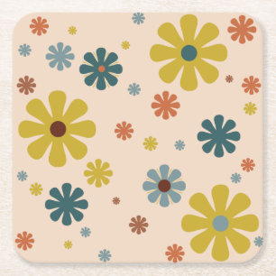 Dessous-de-verre Carré En Papier Flower Power Retro 60s Pattern Mustard Blue Orange