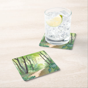 Dessous-de-verre Carré En Papier Forêt verte florissante Aquarelle de nature