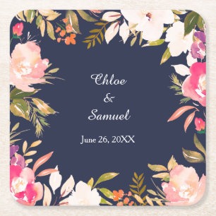 Dessous-de-verre Carré En Papier Frontière florale rose corail sur Mariage bleu mar