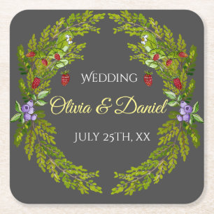 Dessous-de-verre Carré En Papier Fruits de forêt d'aquarelle mariage