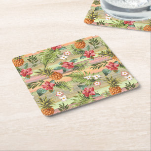 Dessous-de-verre Carré En Papier Fun Tropical Ananas Fruit Floral Feuille Motif