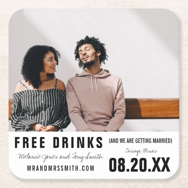 Dessous-de-verre Carré En Papier Funny Free Drinks Photo Enregistrer la date (Devant)