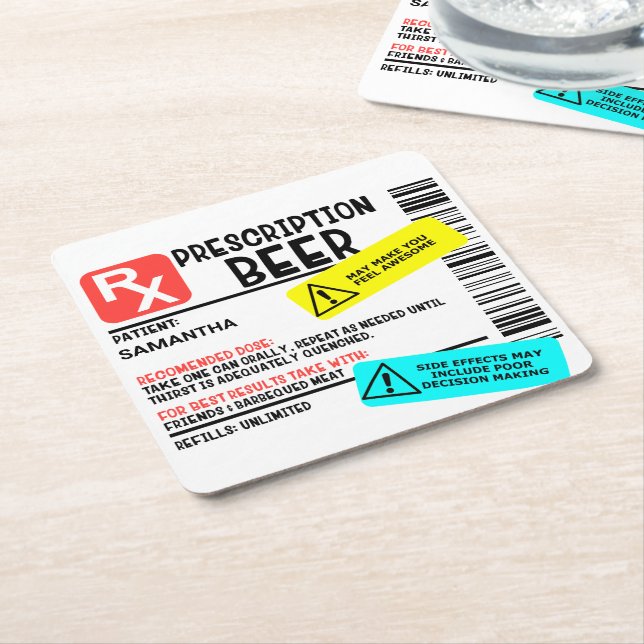 Dessous-de-verre Carré En Papier Funny Prescription Bière Avertissement Étiquette P (Incliné)