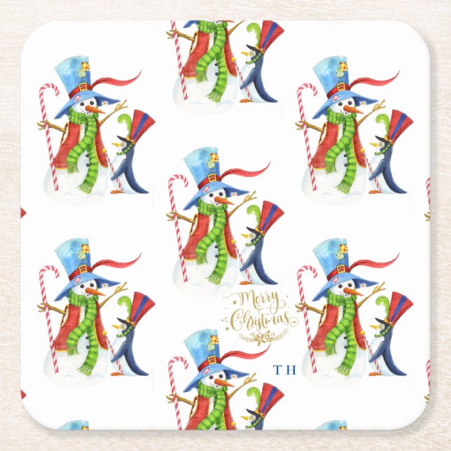 Dessous-de-verre Carré En Papier Funny Snowman Penguin Gold Parties scintillant Joy (Devant)