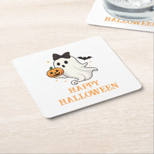 Dessous-de-verre Carré En Papier Ghost mignon avec Bow et Citrouille Halloween