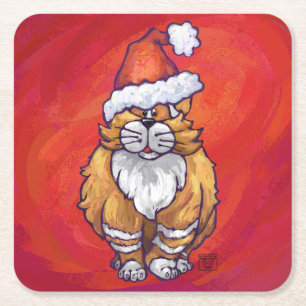 Dessous-de-verre Carré En Papier Ginger Chat Noël Sur Rouge