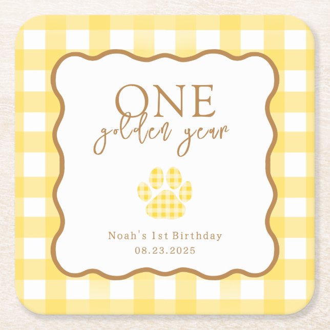 Dessous-de-verre Carré En Papier Gingham Jaune Un An d'Or Premier Anniversaire (Devant)