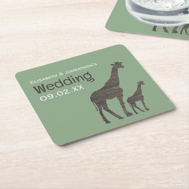 Dessous-de-verre Carré En Papier Giraffe Safari d'argile, Mariage rustique (Incliné)