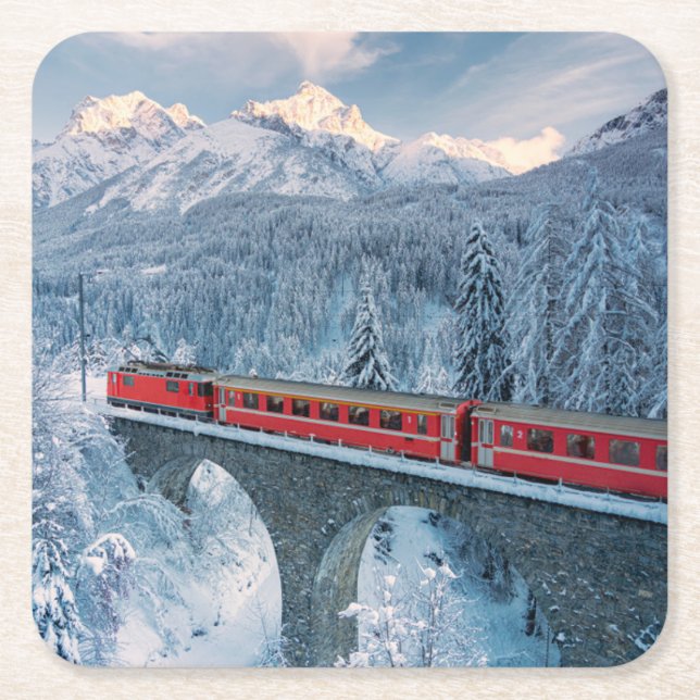 Dessous-de-verre Carré En Papier Glace et neige | Train Express Red Bernina Suisse (Devant)