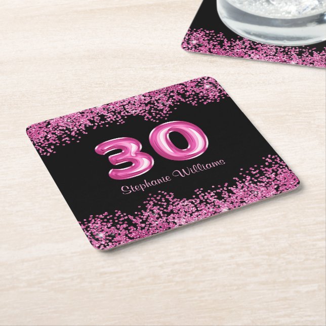 Dessous-de-verre Carré En Papier Glam Black Pink Foil 30e fête d'anniversaire (Incliné)