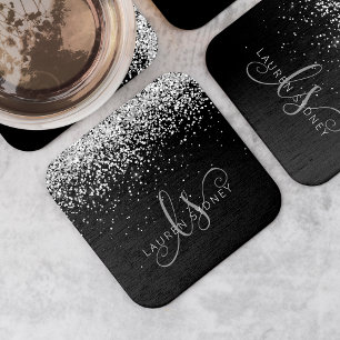 Dessous-de-verre Carré En Papier Glam Black Silver Parties scintillant Nom du monog