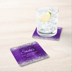 Dessous-de-verre Carré En Papier Glittery Argent Indigo Purple Foil 21e anniversair