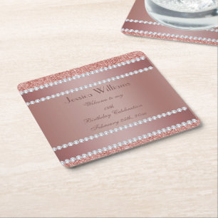 Dessous-de-verre Carré En Papier Glitzy Rose Gold & Diamond Gem Birthday Party