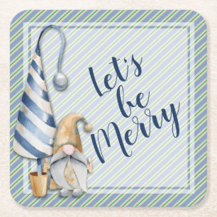 Dessous-de-verre Carré En Papier Gnome de Noël sur Blue Stripes vacances