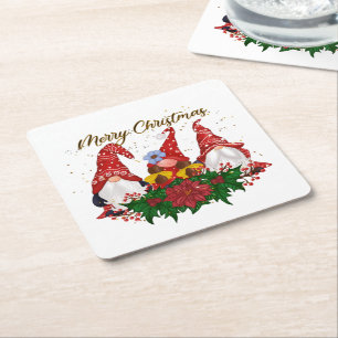Dessous-de-verre Carré En Papier Gnomes de Noël Poinsettia Bois Fantaisiste