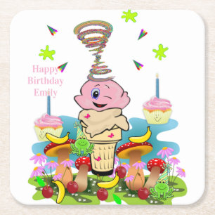 Dessous-de-verre Carré En Papier Gobelets en papier Joyeux Anniversaire Rose Cupcak