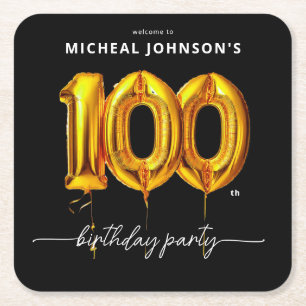 Dessous-de-verre Carré En Papier Gold Balloon Black 100e fête d'anniversaire