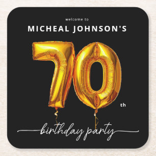 Dessous-de-verre Carré En Papier Gold Balloon Black 70e fête d'anniversaire