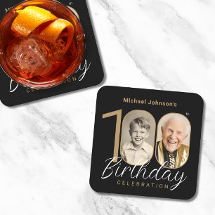 Dessous-de-verre Carré En Papier Gold Black Elegant Photo 100th Birthday Party