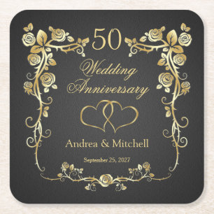 Dessous-de-verre Carré En Papier Gold Floral Hearts 50e anniversaire de Mariage