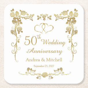 Dessous-de-verre Carré En Papier Gold Floral Hearts 50e anniversaire de Mariage 